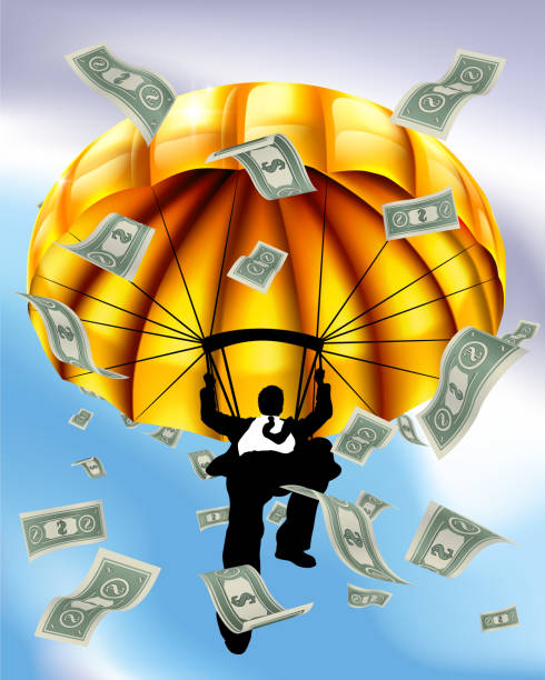 골든 낙하산 현금 실루엣 비즈니스 맨 - parachute parachuting skydiving silhouette stock illustrations