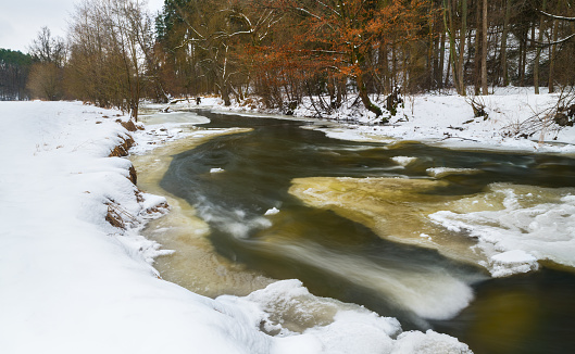 Wild river bed with white snow and trees on shore and beautiful motion blur of fresh running water surface with melting ice