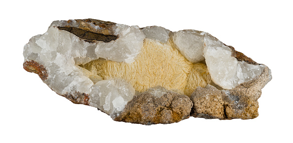 Rock with crystal form of calcium carbonate. Collectable specimen with origin in Hridelec near Nova Paka, north east Bohemia