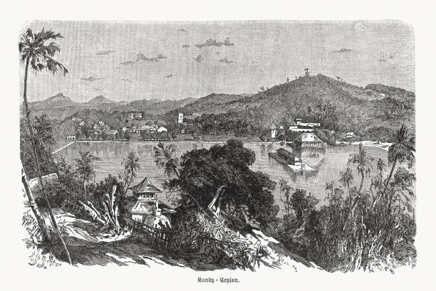 widok historyczny kandy, sri lanka, grawerowanie drewna, opublikowana w 1893 roku - dutch colonial stock illustrations