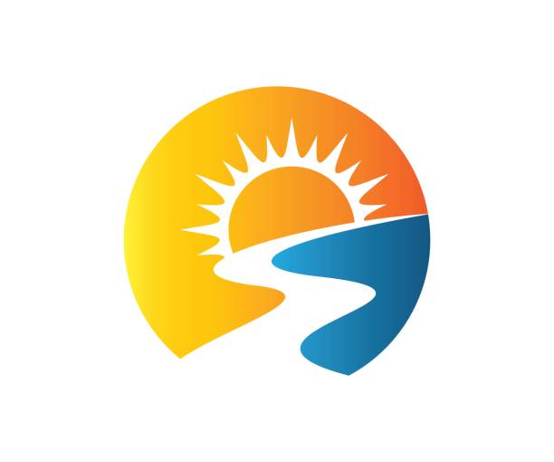 선라이즈 리버 로고 디자인 템플릿, 벡터 아이콘 일러스트레이션 - river wave symbol sun stock illustrations