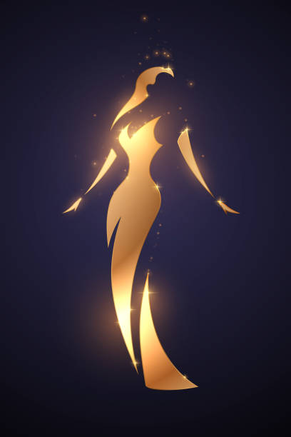 Golden woman silhouette with glow effect Golden woman silhouette with glow effect in vector gold metal silhouettes stock illustrations