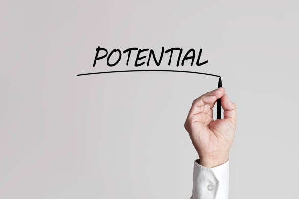 istock Businessman hand with pen underlines the word potential on a gray background 1303831002