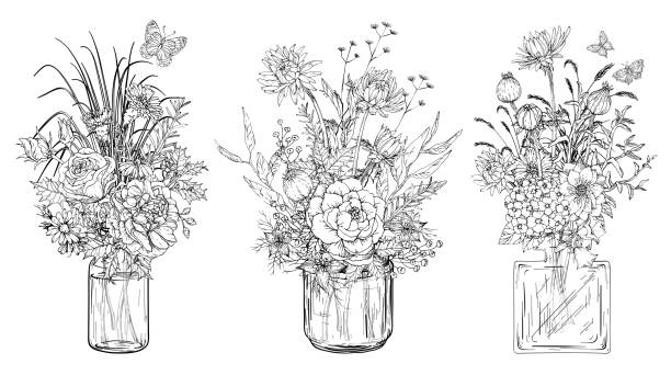 Black and white Set of bouquets of flowers in glass vases Black and white Set of bouquets of flowers in glass vases. Vector illustration. wildflower drawing stock illustrations