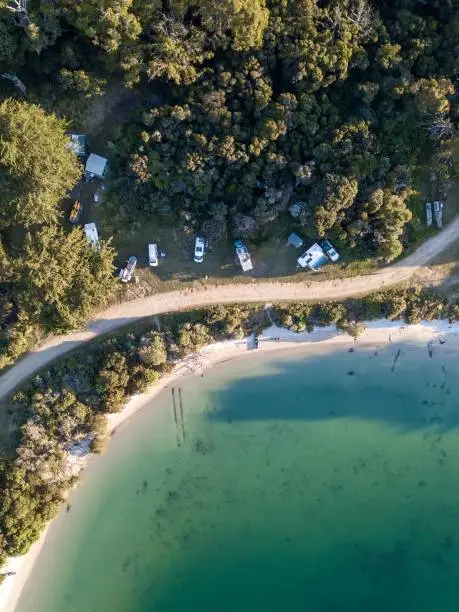 Aerial shot of a campground at Cockle Creek, Tasmania