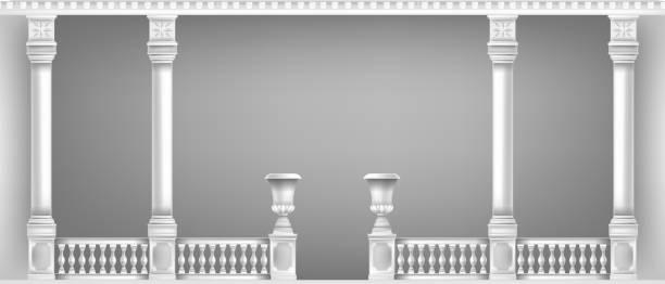 istock Classic marble pillars, vases, vector terrace white balcony, palace balustrade background, handrails. 1303835230