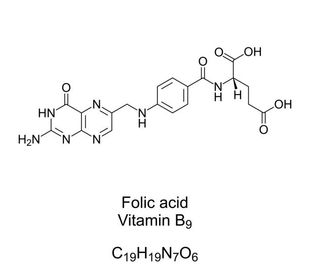 ilustrações, clipart, desenhos animados e ícones de ácido fólico, vitamina b9, fórmula química e estrutura esquelética - ácido fólico