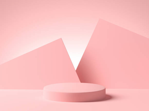 istock Pink empty platform with pink geometric shapes on background. 3d rendering 1303836825