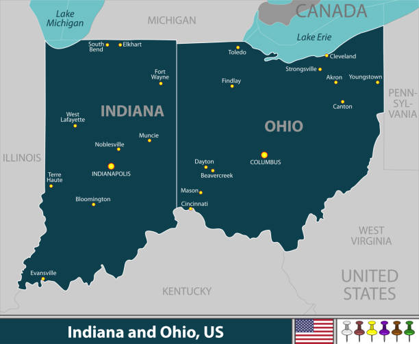Indiana and Ohio states Vector of Indiana and Ohio states of United States with large cities evansville indiana stock illustrations