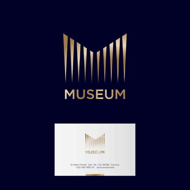 Museum . Gold M monogram. M letter consist of some linear elements like columns. Business card. concert hall stock illustrations