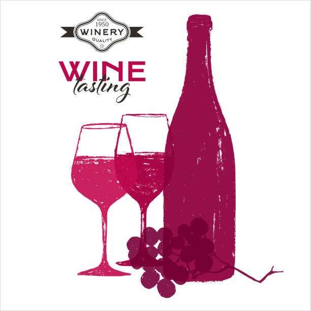 ilustraciones, imágenes clip art, dibujos animados e iconos de stock de ilustraciones de diseño de fondo de vino. dibujo hecho a mano de copas de vino, botella de vino, uvas de vid. - wine tasting