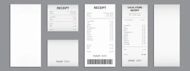 Vector illustration of Cash receipt on clipboard, paper bill, invoice set