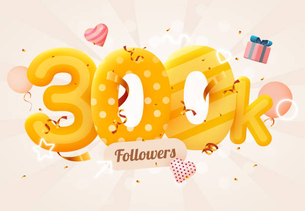 ilustraciones, imágenes clip art, dibujos animados e iconos de stock de 300k o 300000 seguidores gracias corazón rosa, confeti dorado y signos de neón. amigos de redes sociales, seguidores, usuario web gracias a celebrar de suscriptores o seguidores y me gusta. - 300