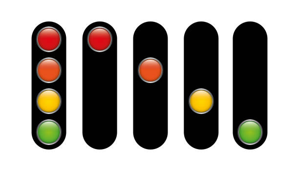 istock Traffic light with four colors green yellow orange red scale alert levels info 1303841265