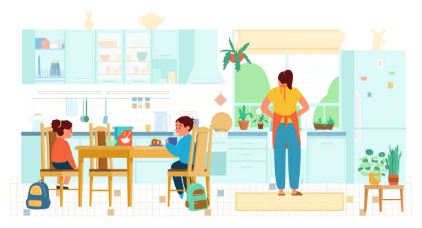 ilustrações de stock, clip art, desenhos animados e ícones de children having breakfast before school - family mother domestic life food