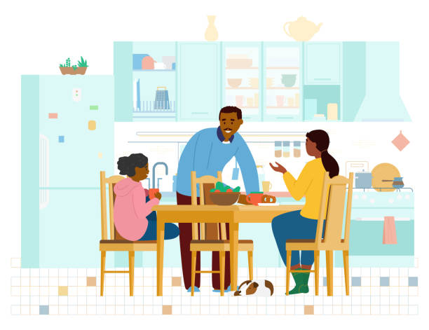 afroamerikanische familie verbringt zeit zusammen in der küche - familie essen stock-grafiken, -clipart, -cartoons und -symbole