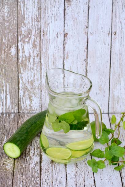 istock Cucumber lime mint infused water in pitcher 1303843520