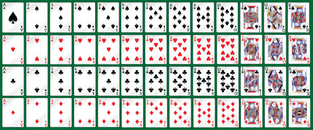ilustraciones, imágenes clip art, dibujos animados e iconos de stock de baraja llena de cartas para jugar al póquer y al casino - poker cards royal flush leisure games