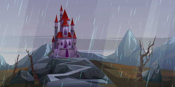 zamek na skale przy deszczowej pogodzie, średniowieczny pałac - castle fairy tale palace forest stock illustrations