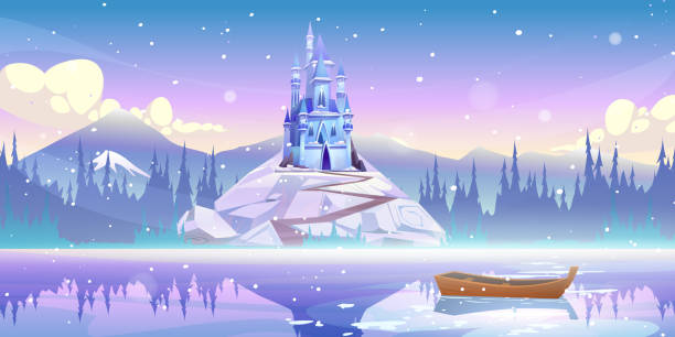 Magic castle on mountain top at river pier vector Magic castle on mountain top at river pier with boat floating on water at winter day with falling snow. Fairytale palace at beautiful landscape, fantasy medieval fortress, Cartoon vector illustration cartoon palace stock illustrations