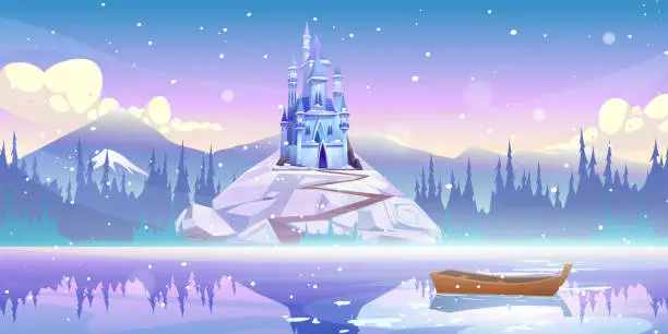 Vector illustration of Magic castle on mountain top at river pier vector