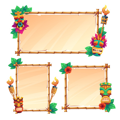Bamboo frames with tiki masks, old parchment and burning torches, tribal wooden totems, hawaiian or polynesian style borders for hut bar signboard, Cartoon vector illustration, banners or posters set