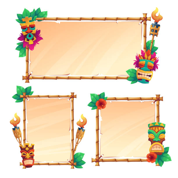 Bamboo frames with tiki mask, parchments and torch Bamboo frames with tiki masks, old parchment and burning torches, tribal wooden totems, hawaiian or polynesian style borders for hut bar signboard, Cartoon vector illustration, banners or posters set totem pole face stock illustrations