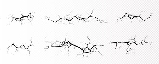 Ground cracks, horizontal breaks top view Ground cracks, horizontal breaks on land surface isolated on transparent background. Vector realistic set of fissure in ground, crevices from disaster or drought, black fractures top view cracked stock illustrations