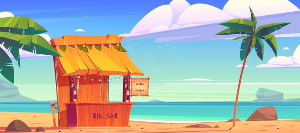 Tiki bar with tribal masks on summer beach Tiki bar, wooden hut with tribal masks, drinks and snacks on summer beach. Vector cartoon tropical landscape with sea, palm trees and cafe with cocktails. Exotic vacation and travel concept hut stock illustrations