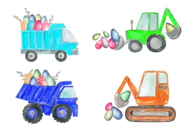 istock Happy Easter eggs truck clipart. The boy is an egg hunter. Dump truck, excavator, tractor, bulldozer construction equipment 1303844880