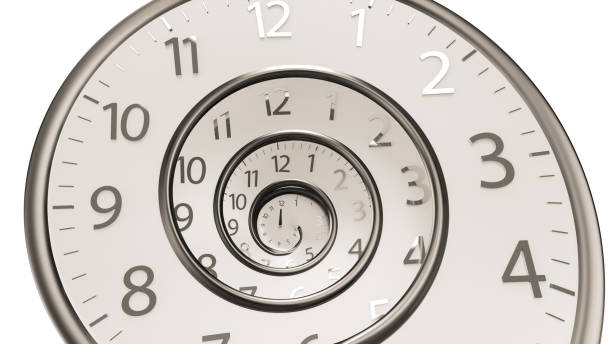 istock Golden Classic Round Clock with time hands turn backward infinity. 1303846409