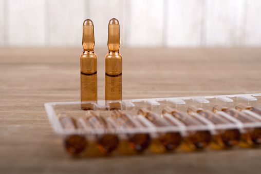 Injection ampoules of brown glass - the text on the bottles means: \