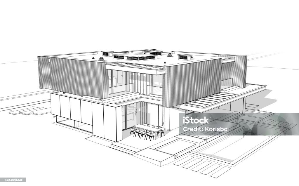 3d rendering of modern house with wood plank facade black line on white background 3d rendering of modern cozy house with parking and pool for sale or rent with wood plank facade.  Black line sketch with soft light shadows on white background. Architecture Stock Photo