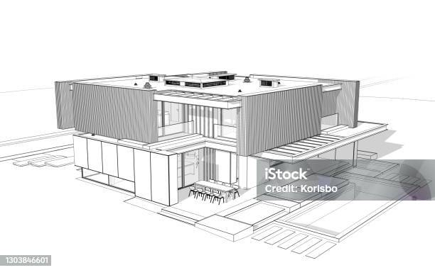 3d Rendering Of Modern House With Wood Plank Facade Black Line On White Background Stock Photo - Download Image Now