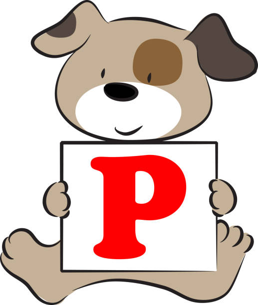 istock vector cartoon puppy hold  fonts A to Z letters card 1303849339