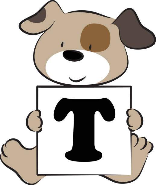 istock vector cartoon puppy hold  fonts A to Z letters card 1303849355