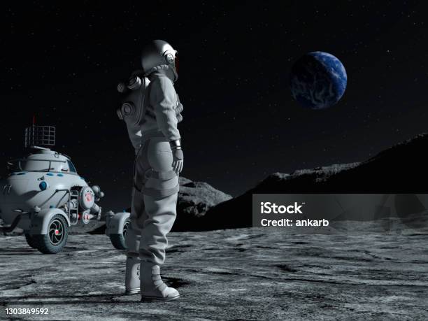 Astronaut At The Spacewalk On The Moon Looking At The Earth Next To Him A Moon Vehicle Stock Photo - Download Image Now