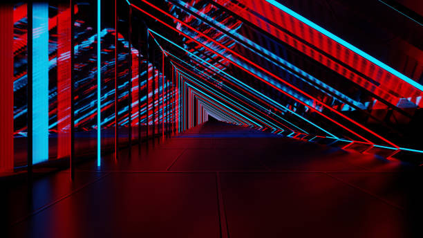 istock 3D illustration of colorful neon lights triangular tunnel loop with glossy ramp or floor. 1303850254