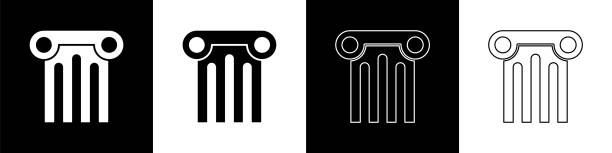 illustrazioni stock, clip art, cartoni animati e icone di tendenza di impostare l'icona della colonna antico isolata su sfondo bianco e nero. vettore - natural column
