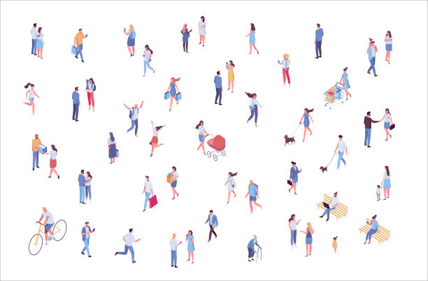 Isometric vector background people. Crowd Isometric vector background people. City street, park. Different people walking outdoor, riding bicycle, sitting on bench, walking with friends, pets. Family together. Flat vector isolated. isometric projection stock illustrations