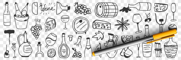 Goods for wine making doodle set Goods for wine making doodle set. Collection of hand drawn barrels grapes jugs bottles glasses cheese bungs corkscrew bottles for wine producing and tasting isolated on transparent background wine and oenology graphic stock illustrations