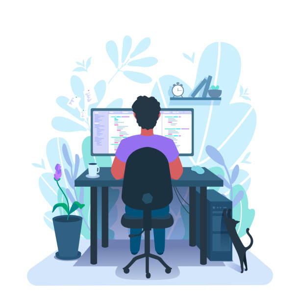 A developer programming. A programmer freelancer workplace. The coder at remote work from home. Person coding, writing a computer code. A vector cartoon illustration. behind computer monitor stock illustrations