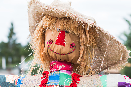Halloween scarecrow decoration during day of autumn