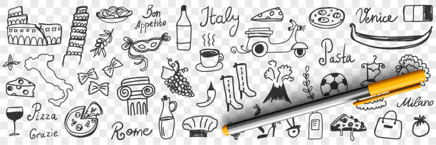 ilustraciones, imágenes clip art, dibujos animados e iconos de stock de set de garabatos símbolos de italia - rome cafe art italy