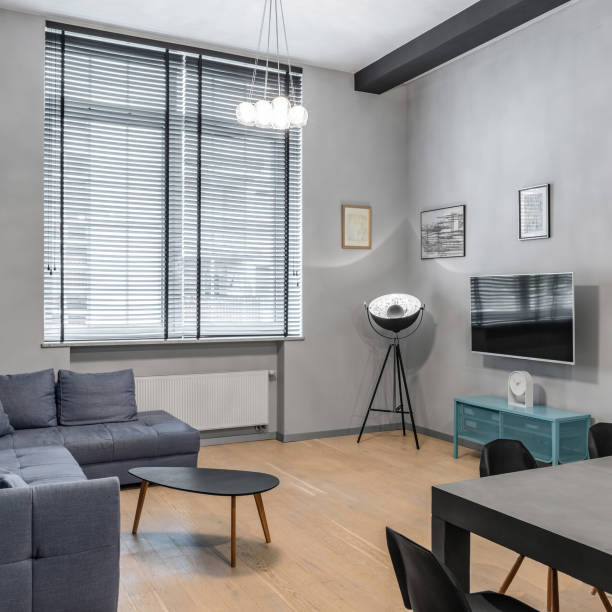istock Big window in stylish living room 1303856882
