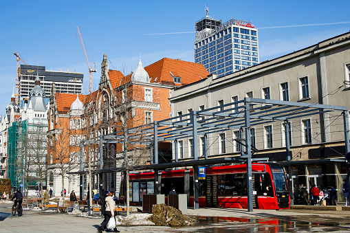 Katowice, Poland - february 20, 2021: tram passing through the Market Square in the center of Katowice, Silesia