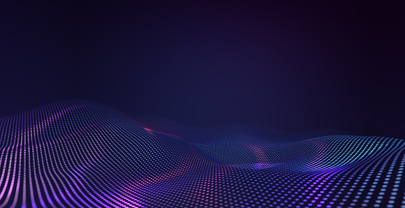 Abstract pentagon grid pattern with purple and violet light wave technology background. Futuristic and ai tech concept. 3d rendering.