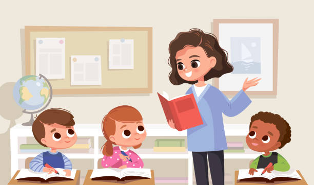 Classroom with pupils and teacher. Lesson. Classroom interior. Classroom with pupils and teacher. Lesson. Classroom interior. Children listen to teacher. kids classroomv stock illustrations