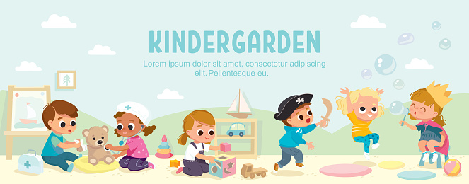 Kids play together in kinder garden. Kids doing role play. Playroom with children.