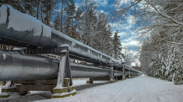 istock Huge industrial pipelines of central heating system. Snow on pipes. 1303860514